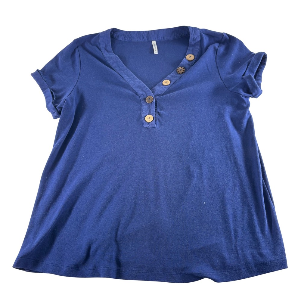 Passports Womens Blue‎ Short Sleeve Henley V-Neck Top with Wood Buttons Size L